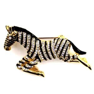 Sparkling Zebra Brooch Pin • White Rhinestone • Black Enamel • Gold Tone